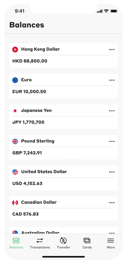 Currenxie app Balances screen preview